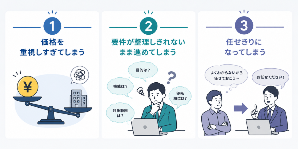価格を重視しすぎてしまう　要件が整理しきれないまま進めてしまう　任せきりになってしまう