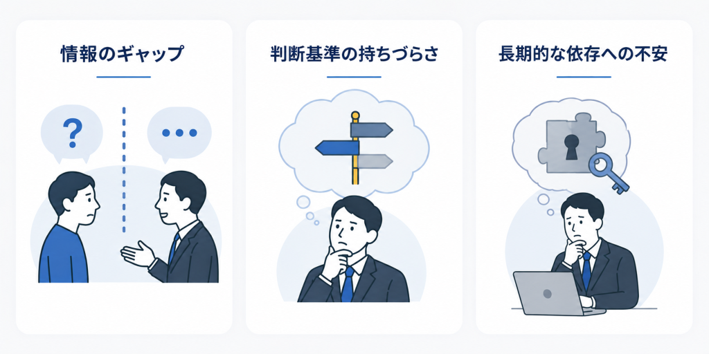 情報のギャップ、判断基準の持ちづらさ、長期的な依存への不安